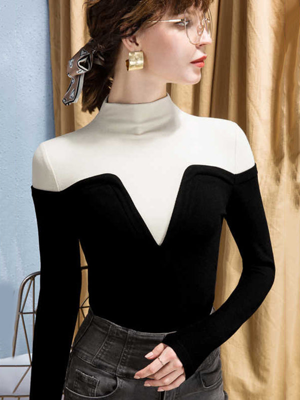 xakxx Vintage Contrast Color High-Neck Long Sleeves Pullover