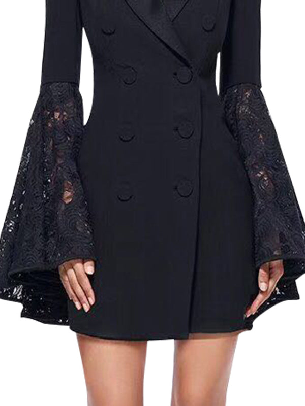xakxx Flared Sleeves Long Sleeves Asymmetric Buttoned Solid Color Split-Joint Notched Collar Blazer Outerwear