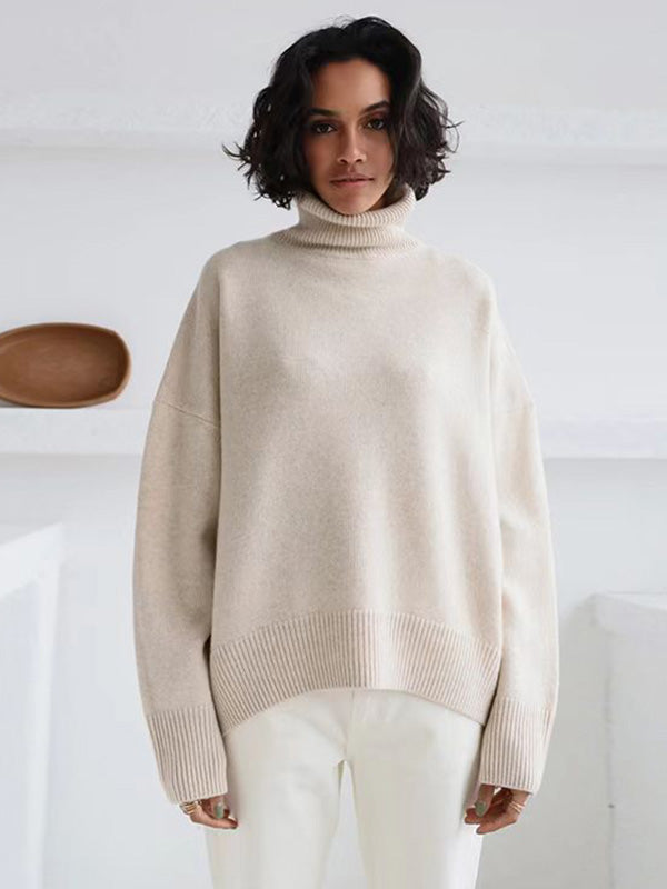 xakxx Casual Long Sleeves Loose Solid Color High-Neck Sweater Tops