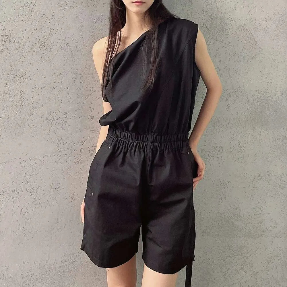Cargo Jumpsuit Fashion Designer Women Tops Shirt New Summer Solid Black One Shoulder Elastic Waist Casual Style FZ2404092