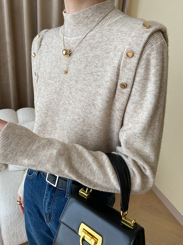 xakxx Long Sleeves Buttoned Split-Joint High-Neck Sweater Tops
