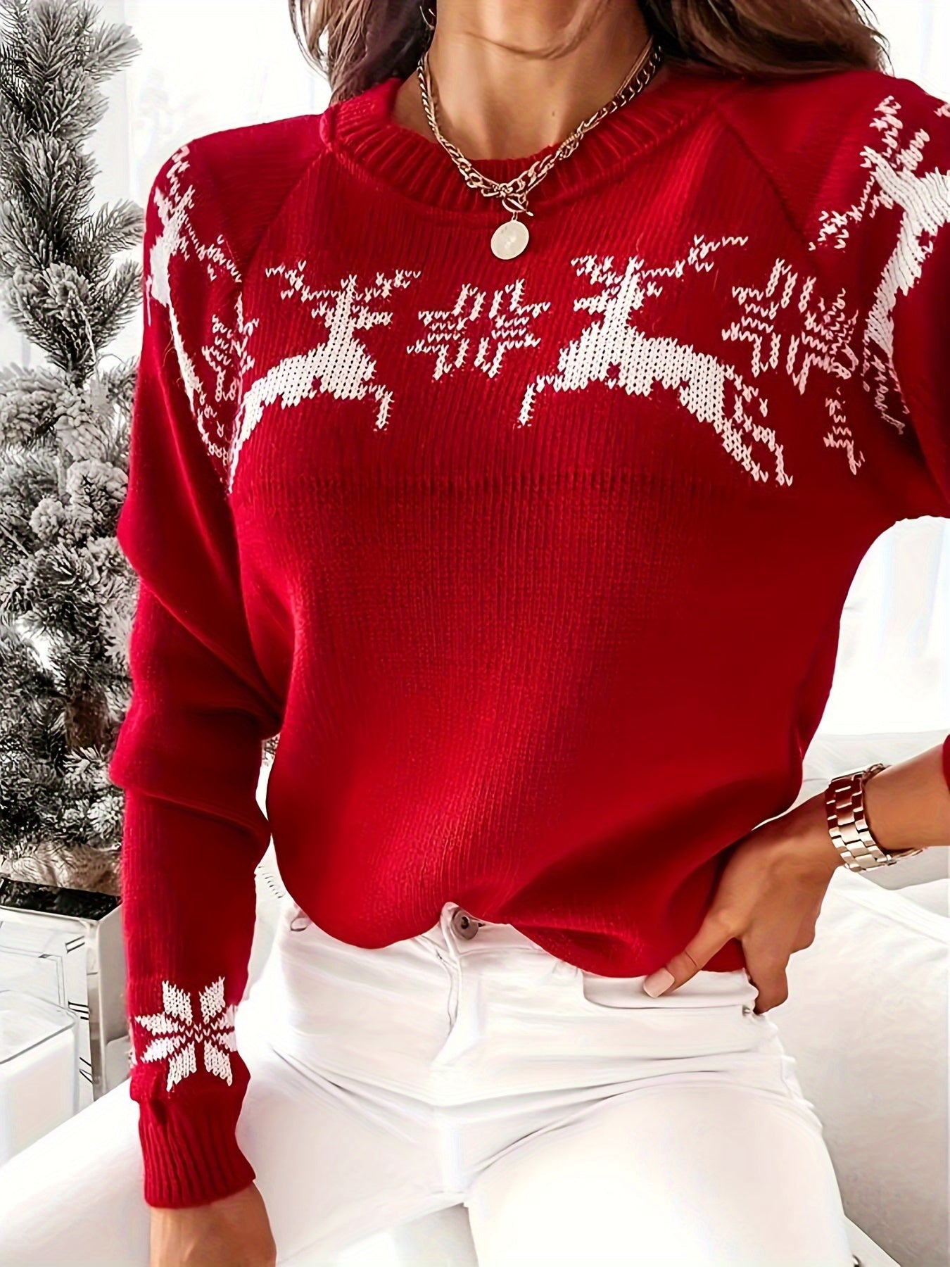 Elegant Plus Size Christmas Sweater for Women - Cozy Acrylic Knit, Long Sleeve, Crew Neck Pullover with Festive Reindeer Design