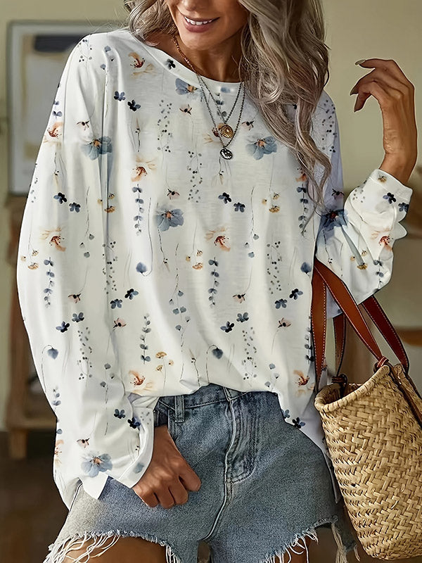xakxx Long Sleeves Loose Flower Print Round-Neck T-Shirts Tops