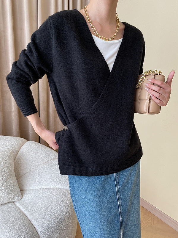 xakxx Long Sleeves Loose Asymmetric Buttoned V-neck Sweater Tops