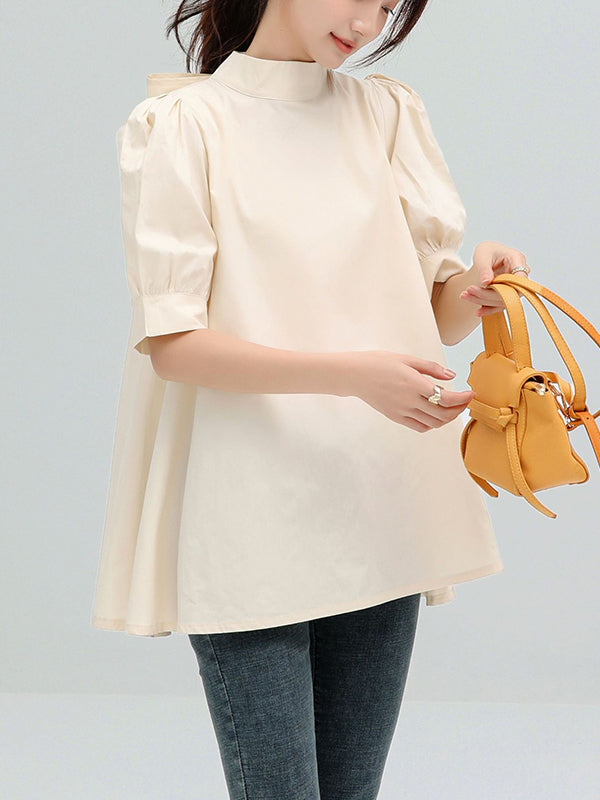 xakxx Casual Loose Bow-Embellished Solid Color Blouse
