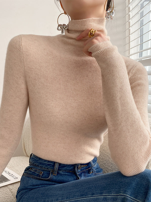 xakxx Simple Skinny Long Sleeves Solid Color Sweater Tops