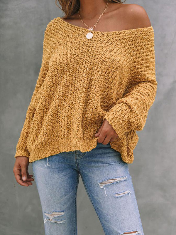 xakxx Long Sleeves Loose Solid Color V-Neck Knitwear Pullovers Sweater Tops