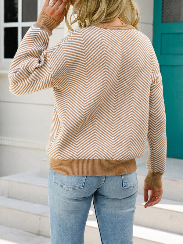 xakxx Long Sleeves Loose Striped Round-Neck Knitwear Pullovers Sweater Tops