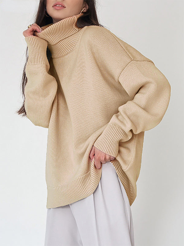 xakxx Long Sleeves Loose Solid Color High Neck Knitwear Pullovers Sweater Tops