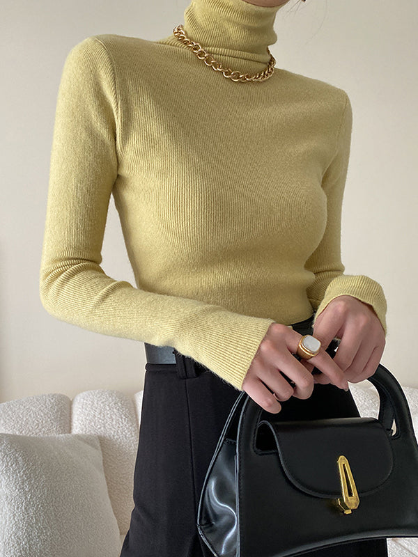 xakxx Simple Skinny Long Sleeves Solid Color High-Neck Pullovers