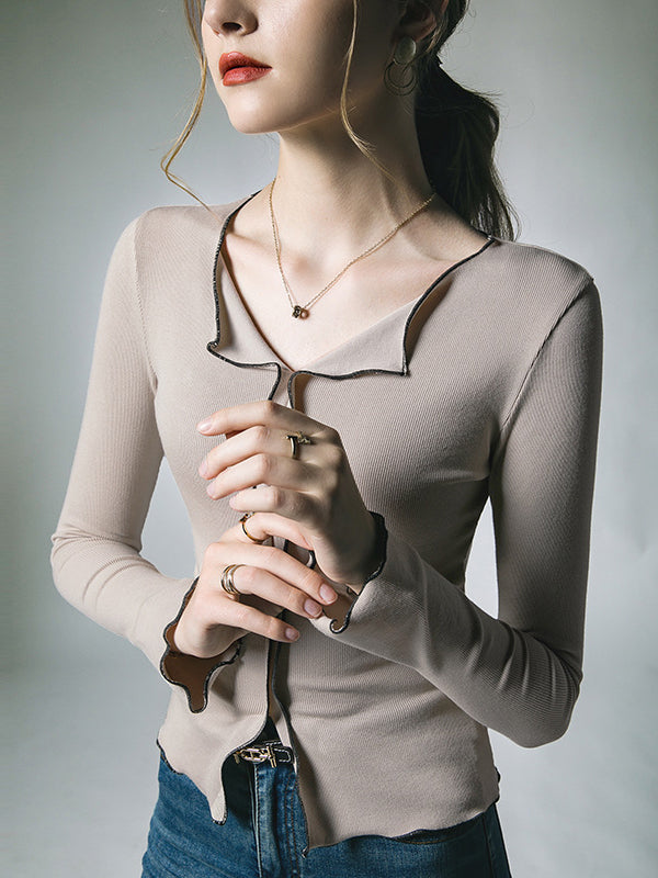 xakxx Long Sleeves Skinny Split-Front Lapel T-Shirts Tops