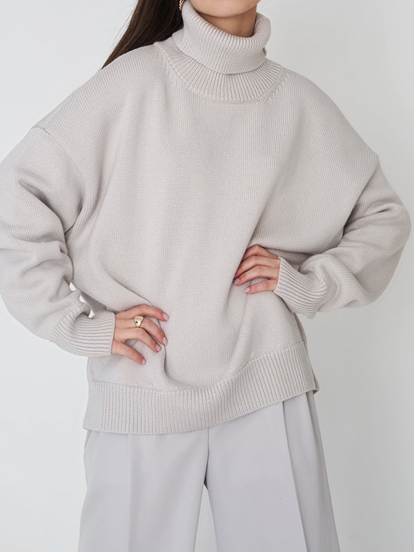 xakxx Long Sleeves Loose Solid Color High Neck Knitwear Pullovers Sweater Tops