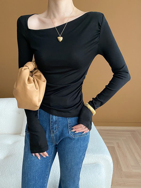 xakxx Long Sleeves Skinny Solid Color Asymmetric Collar T-Shirts Tops