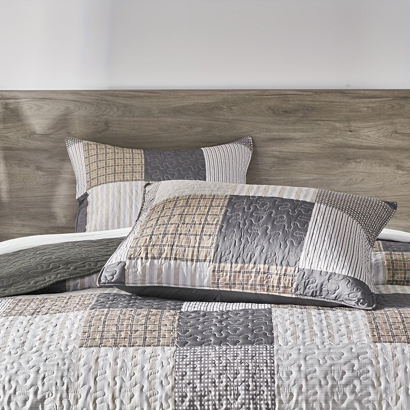 3-Piece Double Bedspread Set - Reversible, Ultra-Lightweight, Super-Soft, Quilted Checkered Patchwork Plaid Design - Complete Set with 2 Pillowcases, No Filling, Suitable for All Seasons