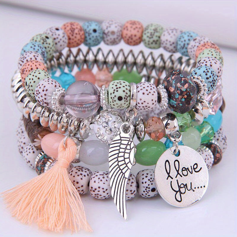4pcs/Set Enchanting Love Wings Tassel Bracelet Ensemble - Lustrous Volcano Stone Beads & Multicolored Strands - Bohemian Chic Retro Style - Perfect Holiday Gift