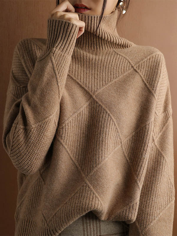 xakxx Casual Loose Solid Color Striped High-Neck Long Sleeves Sweater Tops