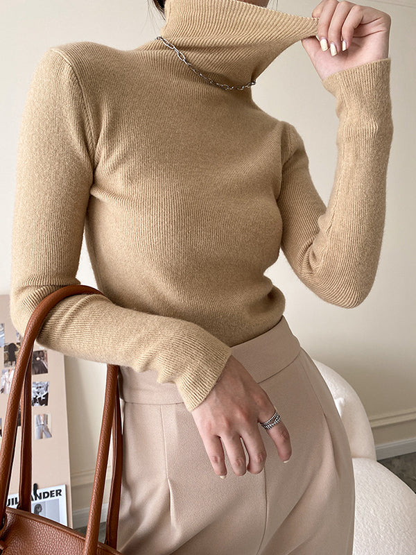 xakxx Simple Skinny Long Sleeves Solid Color High-Neck Pullovers