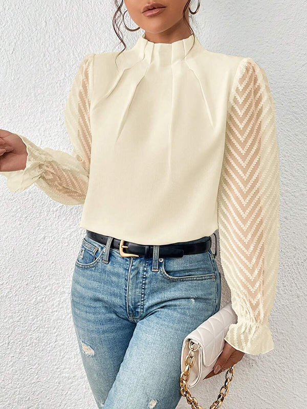 xakxx Long Sleeves Loose Elasticity Mesh Pleated Solid Color Mock Neck Blouses&Shirts Tops