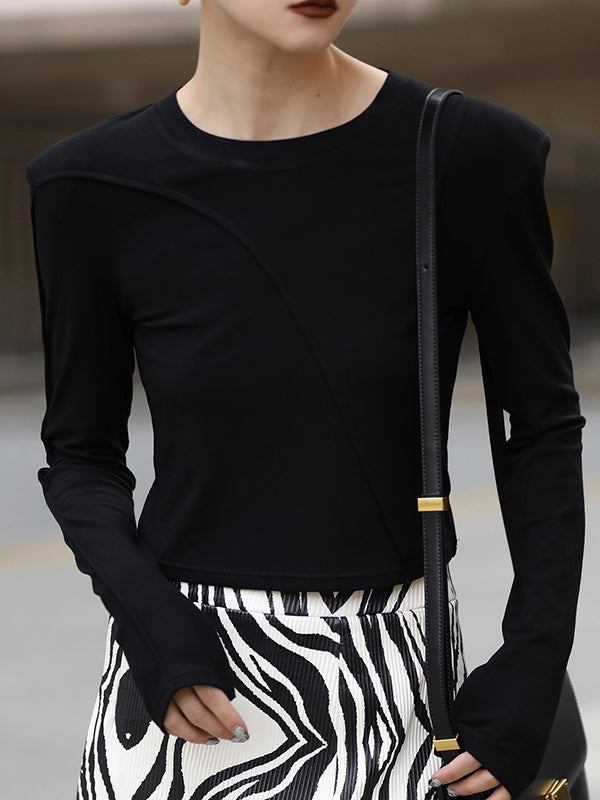 xakxx Long Sleeves Skinny Shoulder Pad Solid Color Round-Neck T-Shirts Tops