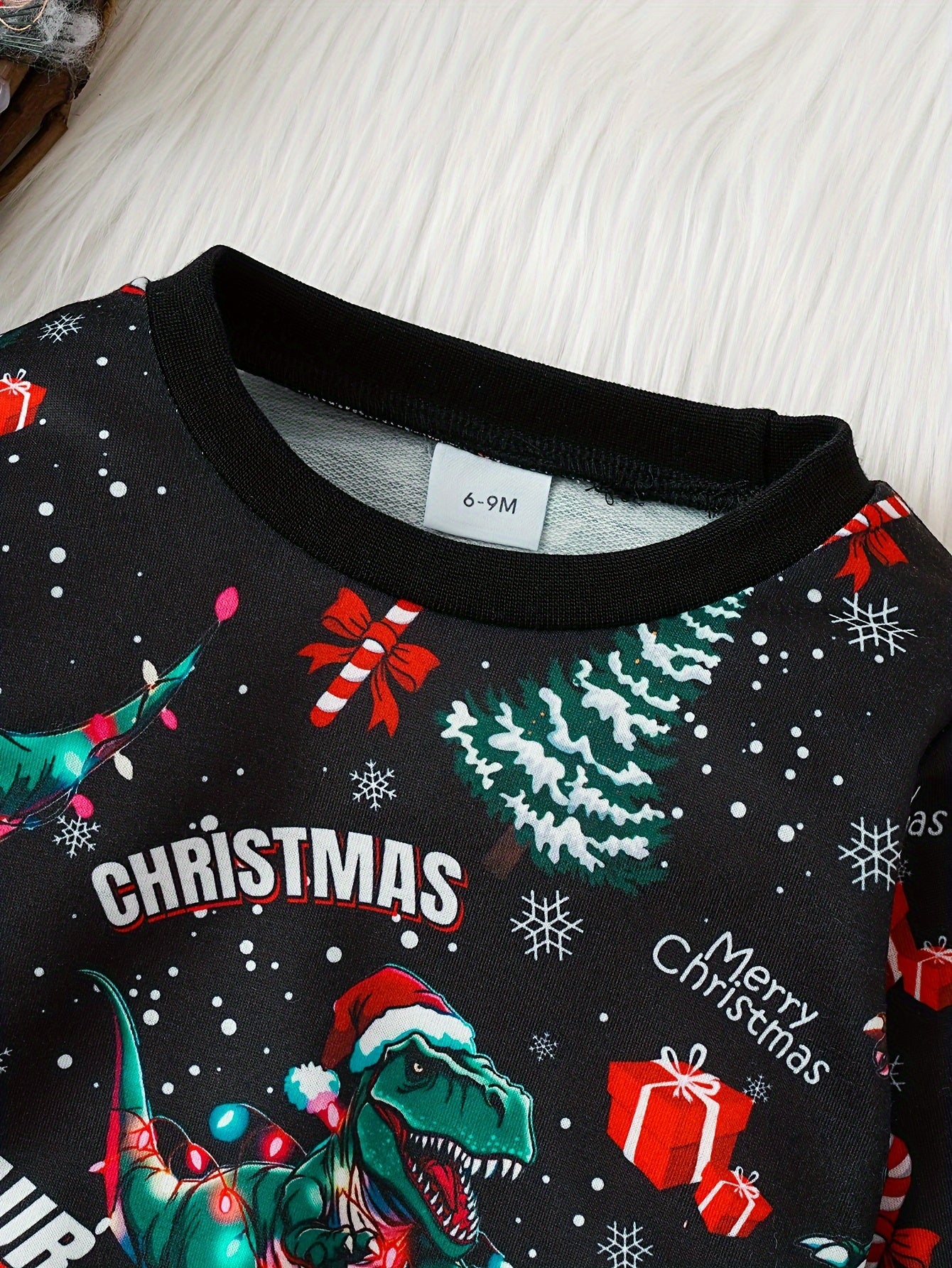 Cute Trendy Christmas Dinosaur Cartoon Graphic Boys Casual T-shirt, Baby's Long Sleeve Creative Graphic Tees Top