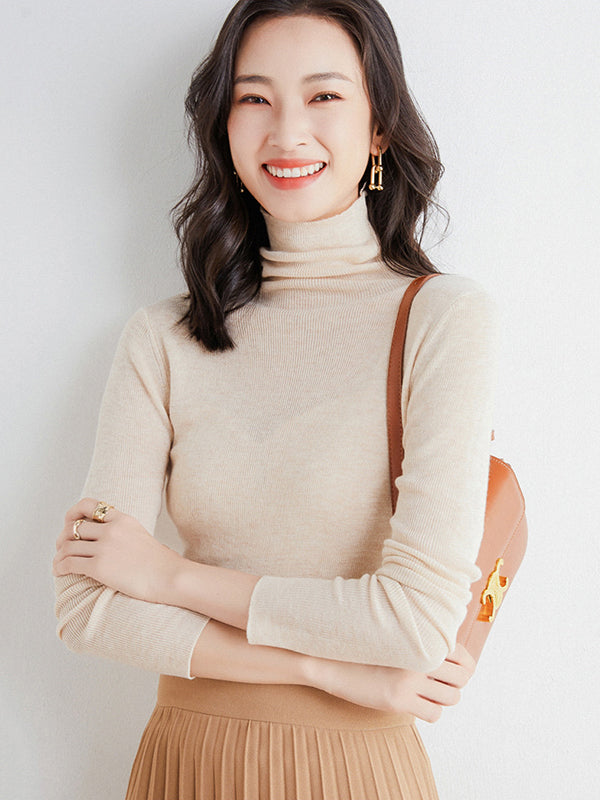 xakxx Simple Skinny Long Sleeves Solid Color High-Neck Sweater Tops Pullovers
