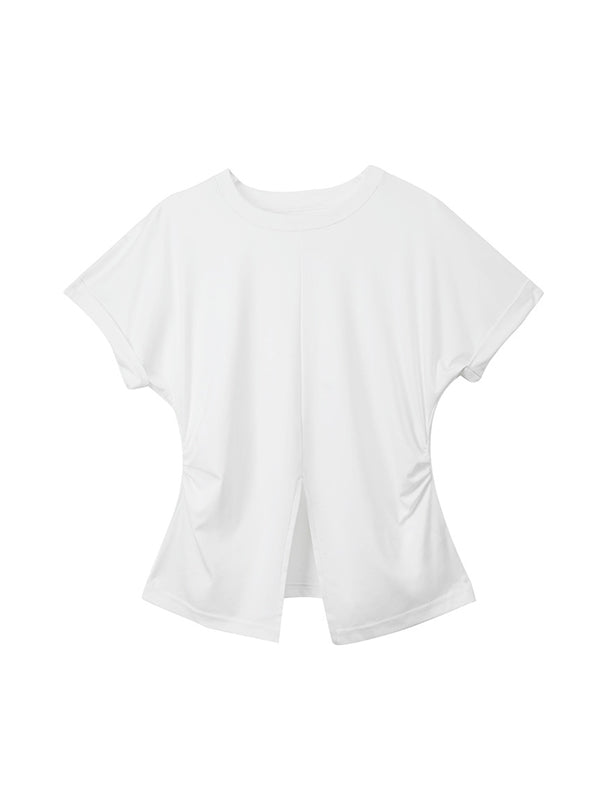 xakxx Batwing Sleeves Loose Pleated Solid Color Split-Front Split-Joint Round-Neck T-Shirts