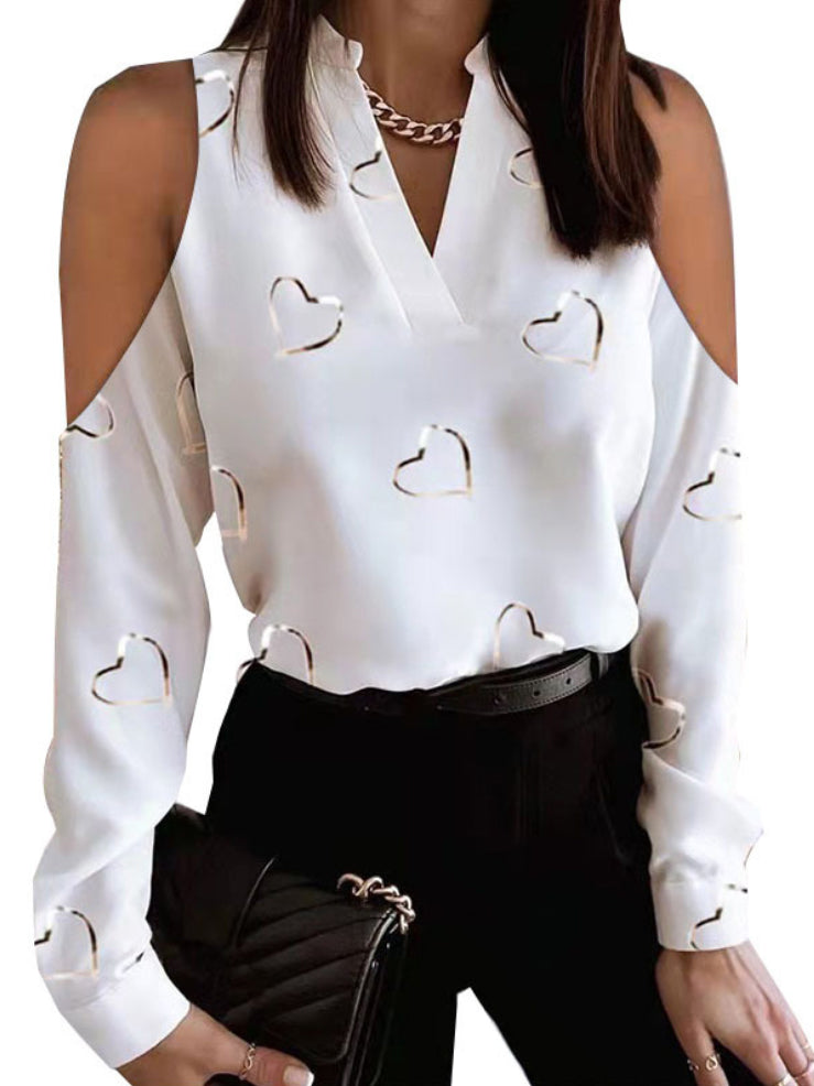 xakxx Original Loving Heart Printed Loose Long Sleeves Hollow V-Neck Blouses&Shirts Tops