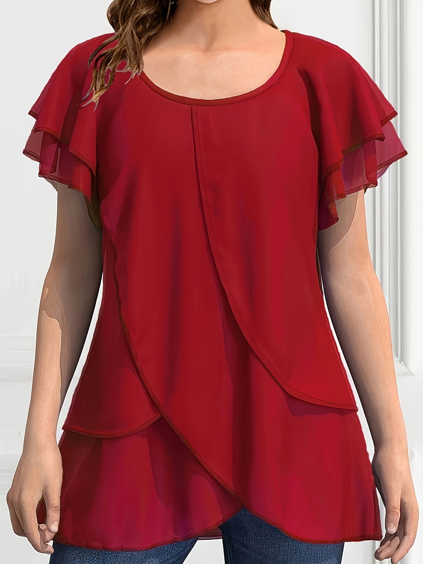 Vibrant Color Crew Neck Blouse - Ruffled Sleeve, Layered, Casual, Spring & Summer Essential - Women's Clothing for Everyday Wear