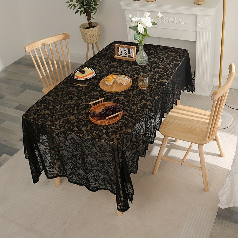 1pc Exquisite Black Phoenix Tail Flower Rectangle Lace Tablecloth - Elegant Sheer Decor for Rustic Vintage, Wedding, Thanksgiving, Baby Shower - Durable, Easy Care, and Versatile for Any Occasion