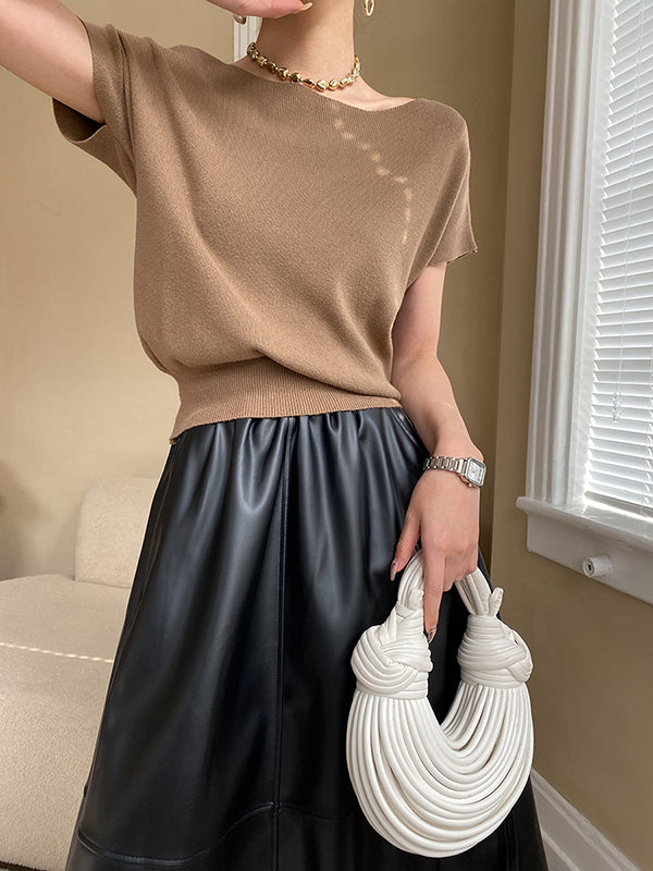 xakxx Stylish Loose Solid Color Boat Neck Knitwear Pullovers Tops