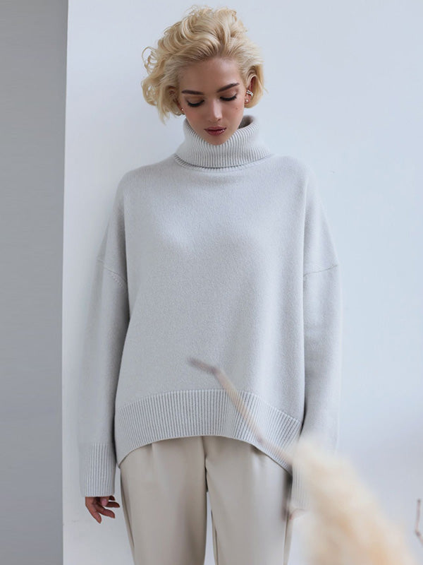 xakxx Casual Long Sleeves Loose Solid Color High-Neck Sweater Tops