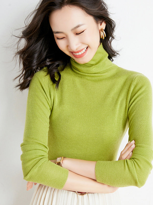 xakxx Simple Skinny Long Sleeves Solid Color High-Neck Sweater Tops Pullovers