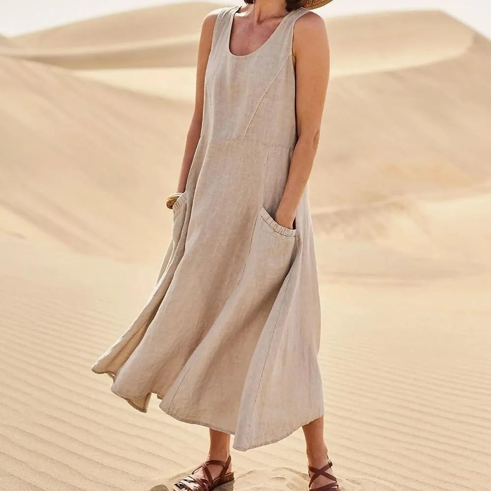 Hot Summer women Casual Dresses pocket sleeveless round neck women's cotton linen dress loose Khaki White black home outdoor skirt Big Size S-5XL 1f9 89b