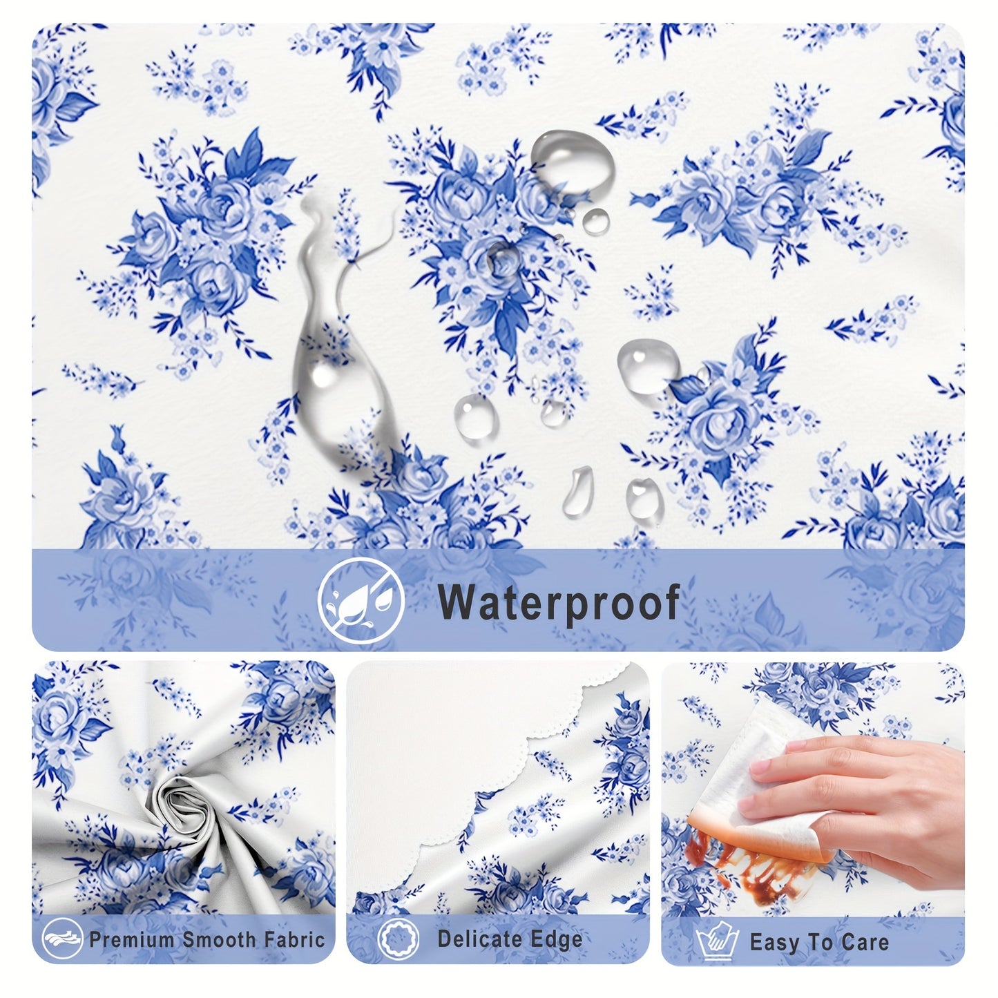 1pc Spring Floral Round/Square Waterproof Tablecloth - Stain Resistant, Wrinkle Free, Indoor/Outdoor Table Cover for Home Kitchen Dining Party Decoration - Easy Care, Seasonal Holiday Theme, Blue Floral Pattern