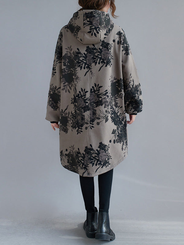 xakxx Artistic Retro Loose Floral Printed Hooded Long Sleeves Outwear