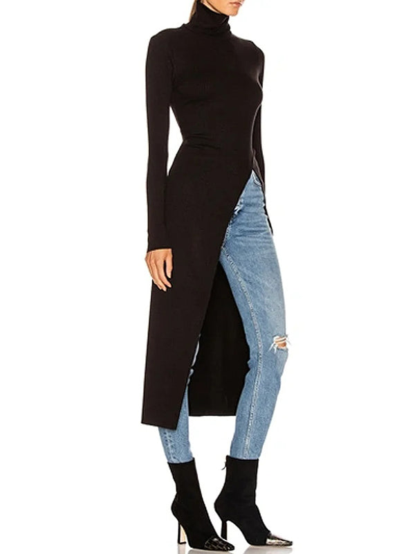 xakxx Simple Skinny Split-Side Solid Color High-Neck T-Shirts Tops