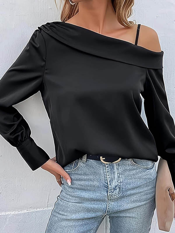 xakxx Long Sleeves Loose Asymmetric Solid Color One-Shoulder T-Shirts Tops