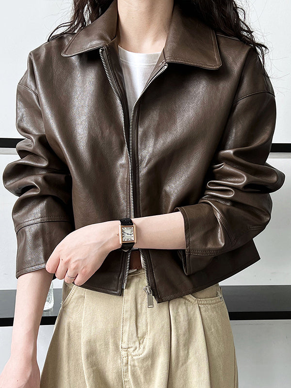 xakxx Long Sleeves Loose Solid Color Zipper Lapel Collar Jackets&Coats Outerwear