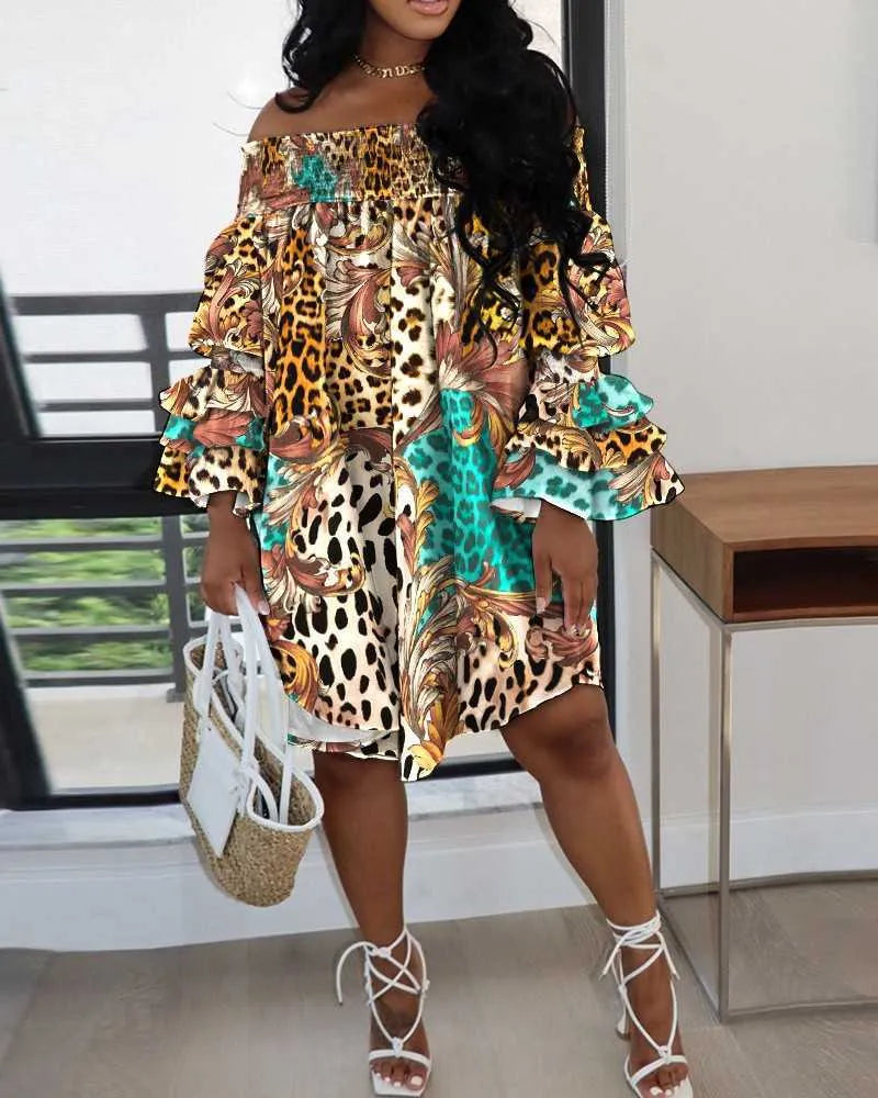 New Women Sexy dress Fashionable Off the Shoulder Print Long Sleeve Loose lady casual Dress Plus size