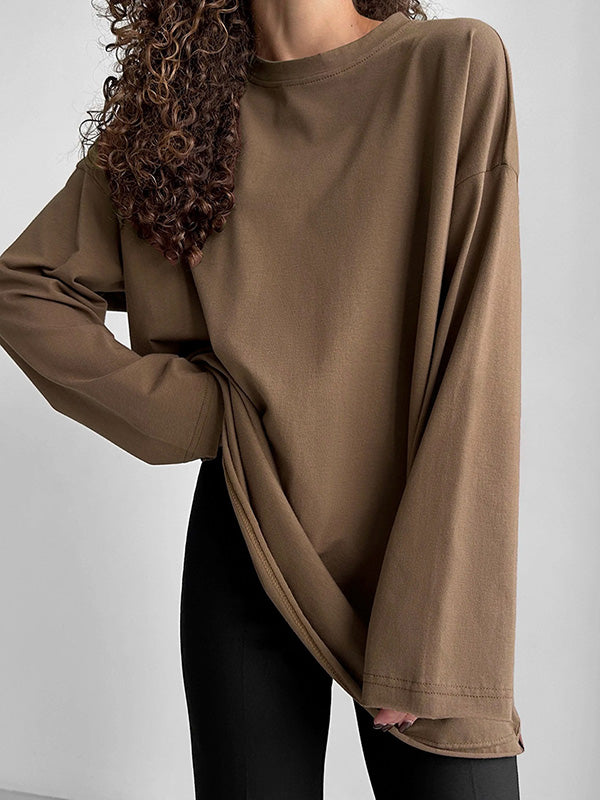 xakxx Long Sleeves Loose Solid Color Round-Neck T-Shirts Tops