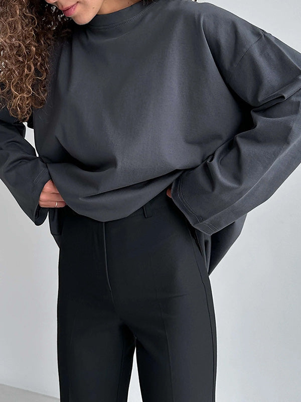 xakxx Long Sleeves Loose Solid Color Round-Neck T-Shirts Tops