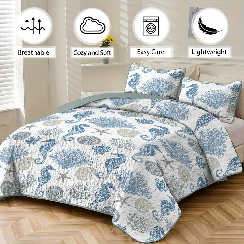 3pcs Vibrant Seahorse & Sea Star Bedspread Set - Soft, Light, Beach-Inspired Family Bedroom Decor - No Filling, Easy Care, Hypoallergenic, All-Season Comfort