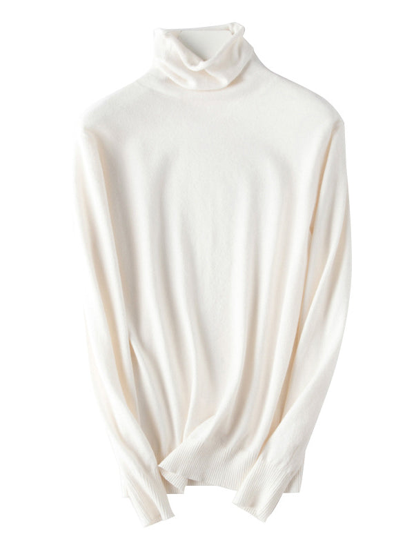xakxx Simple Loose Long Sleeves Solid Color High-Neck Sweater Tops