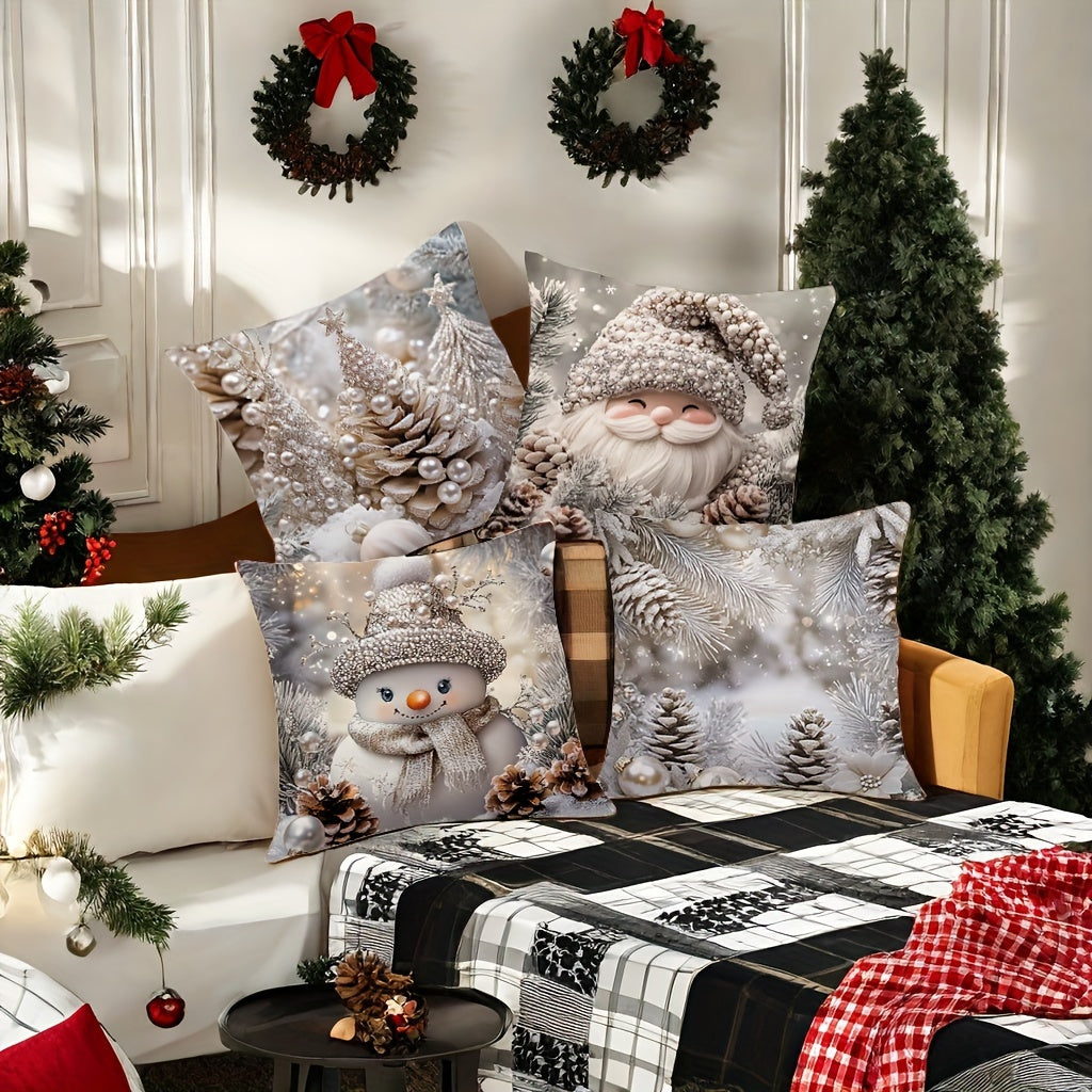 4-Piece Set of Contemporary Christmas Throw Pillow Covers, Hand Wash Only, Zipper Closure, 17.72" Woven Polyester Decorative Cushions with Santa, Snowman, Pine Cone Print for Living Room, Office, Sofa
