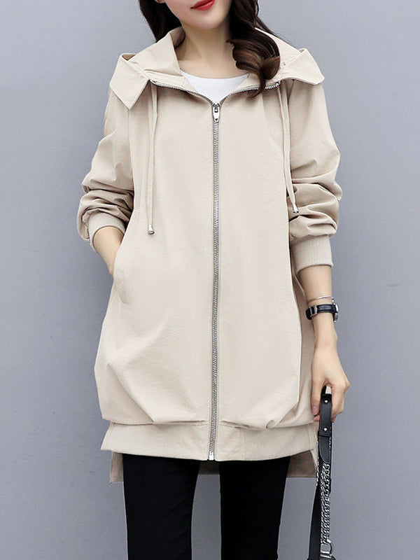 xakxx Casual Loose 4 Colors Pleated Zipper Hooded Long Sleeves Outwear