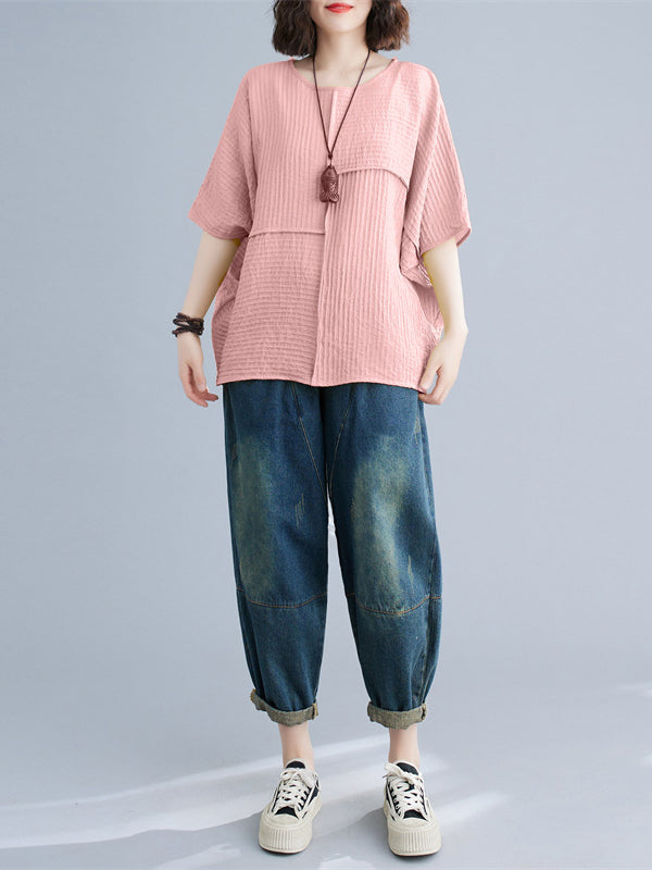 xakxx Batwing Sleeves Loose Solid Color Split-Joint Round-Neck T-Shirts Tops
