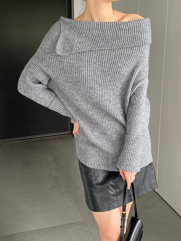xakxx Long Sleeves Loose Solid Color Off-The-Shoulder Knitwear Pullovers Sweater