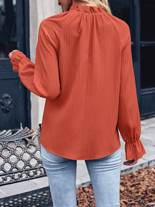 xakxx Long Sleeves Ruffle Sleeves Elasticity Ruffled Solid Color Mock Neck T-Shirts Tops