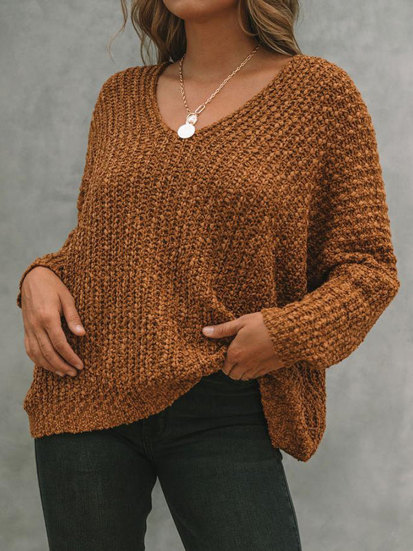 xakxx Long Sleeves Loose Solid Color V-Neck Knitwear Pullovers Sweater Tops