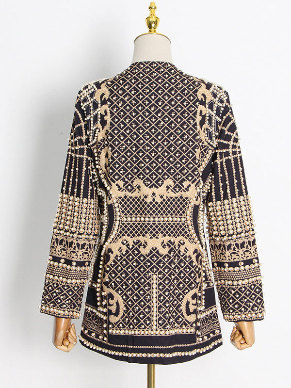 xakxx Original Creation Loose Long Sleeves Beads Printed V-Neck Blazer Outerwear